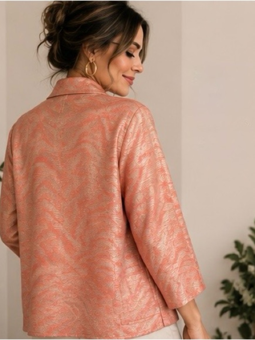 Caroline Rose Metallic Coral Open-Front Blazer